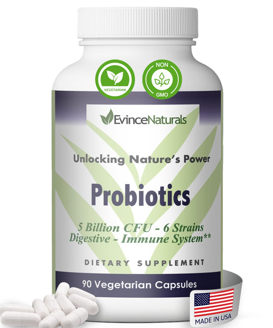 EvinceNaturals probiotic bottle front promotes daily gut balance and overall wellness
