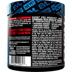 Product shelf with EVL ENGN pre-workout bottle signals premium formula.