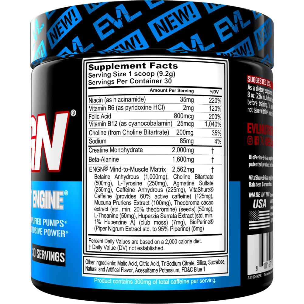 Close-up of EVL ENGN bottle label highlights caffeine and beta-alanine.
