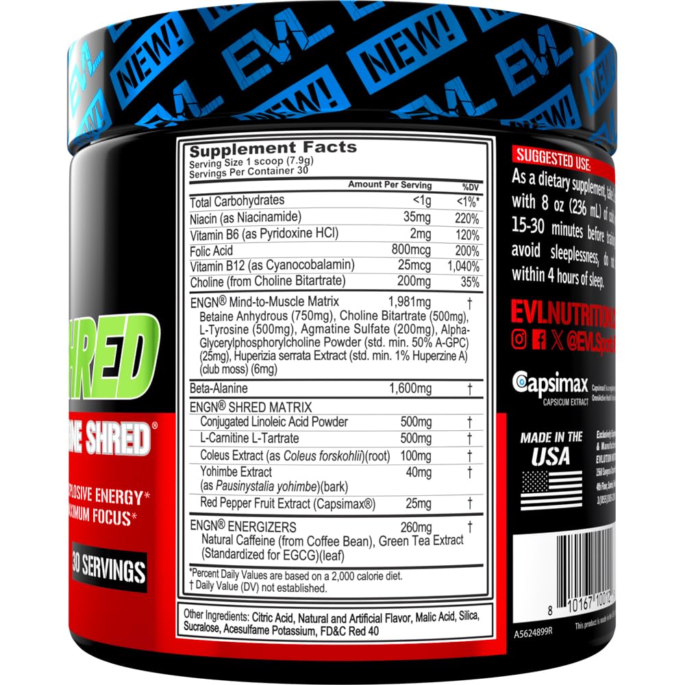 EVL ENGN Shred tub label close-up highlighting key blends for focus and endurance.