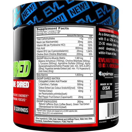 EVL ENGN Shred tub label close-up highlighting key blends for focus and endurance.