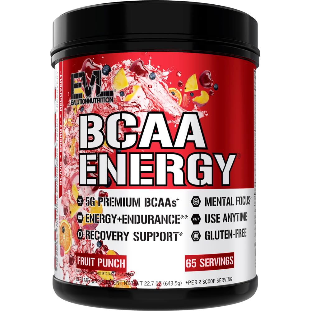 EVL BCAAs Energy powder bottle shows 5g BCAA blend for faster recovery