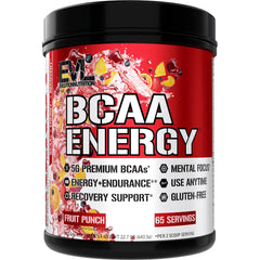 EVL BCAAs Energy powder bottle shows 5g BCAA blend for faster recovery