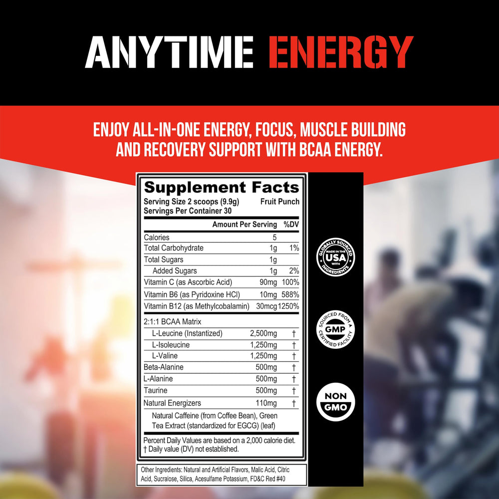 EVL BCAAs Energy powder Fruit Punch jar emphasizes flavor and convenience