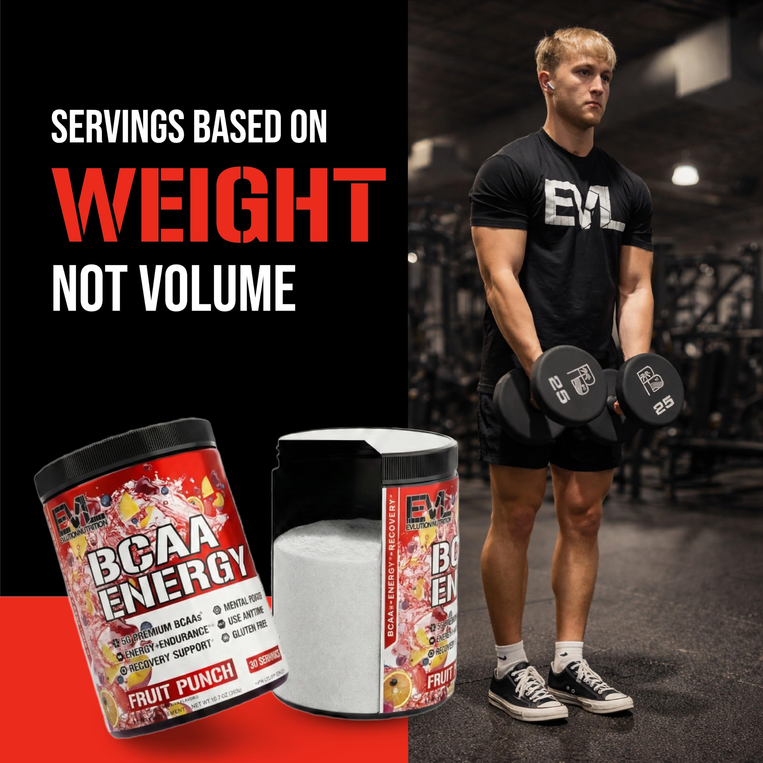 EVL BCAAs Energy powder ingredient label communicates quality and clean formula