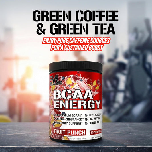 EVL BCAAs Energy powder scoop illustrates precise serving for consistency
