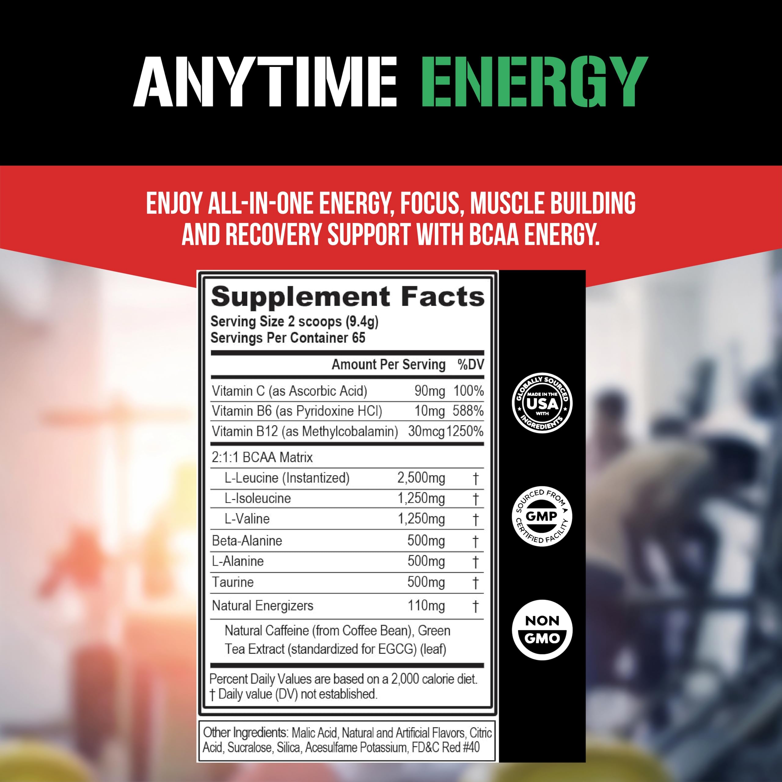 Label highlights taurine, green tea, and caffeine for energizing effects.