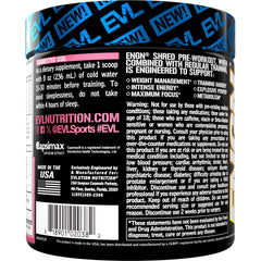 EVL ENGN Shred scoop and packaging on gym bench.