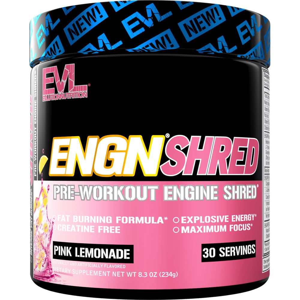 EVL ENGN Shred pink lemonade powder for sustained energy during workouts.
