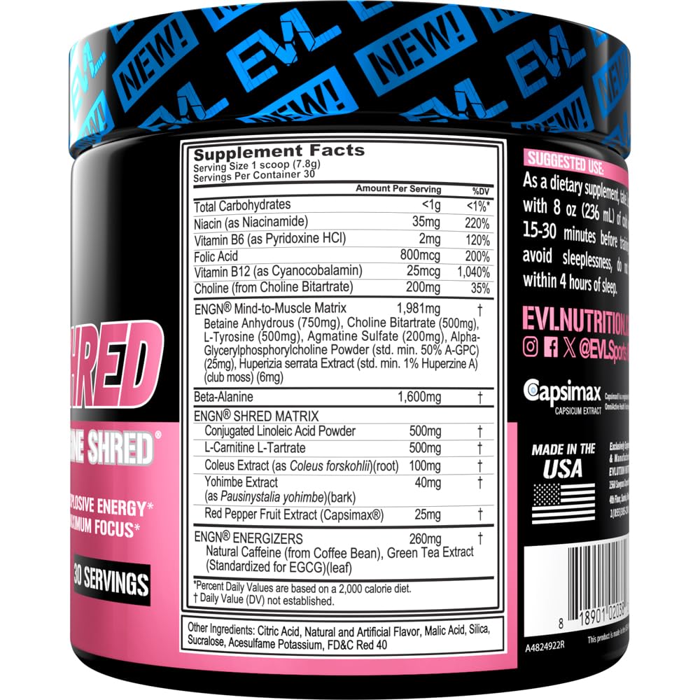 EVL ENGN Shred pre-workout tub close-up highlighting enhanced focus.