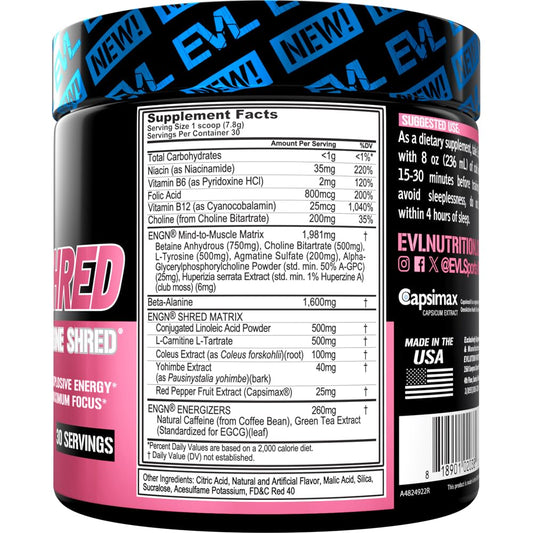 EVL ENGN Shred pre-workout tub close-up highlighting enhanced focus.