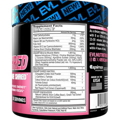 EVL ENGN Shred pre-workout tub close-up highlighting enhanced focus.