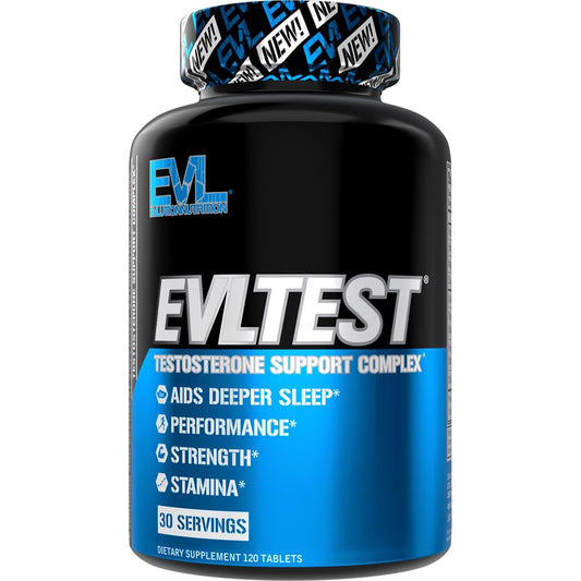 Evlution EVLTest bottle label highlights post-workout support and quality ingredients.