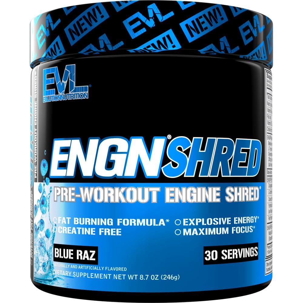 EVL Ultimate Pre Workout Blue Raz bottle highlights energized formula for focused training sessions.