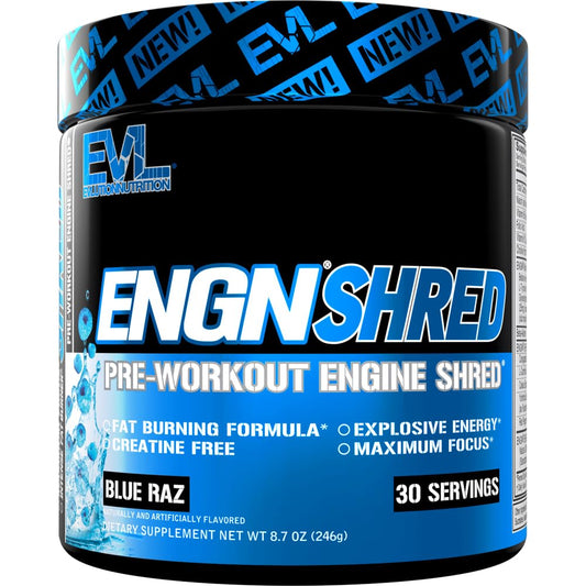 EVL Ultimate Pre Workout Blue Raz bottle highlights energized formula for focused training sessions.