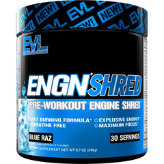 EVL Ultimate Pre Workout Blue Raz bottle highlights energized formula for focused training sessions.