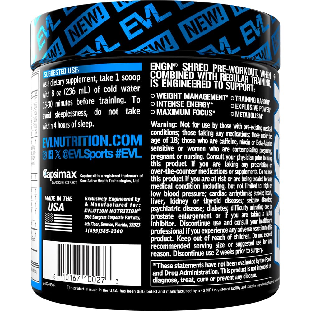 EVL Ultimate Pre Workout Blue Raz label closeup highlights key energy ingredients.