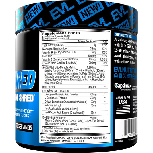 EVL Ultimate Pre Workout Blue Raz powder scoop ready for a quick energy boost.