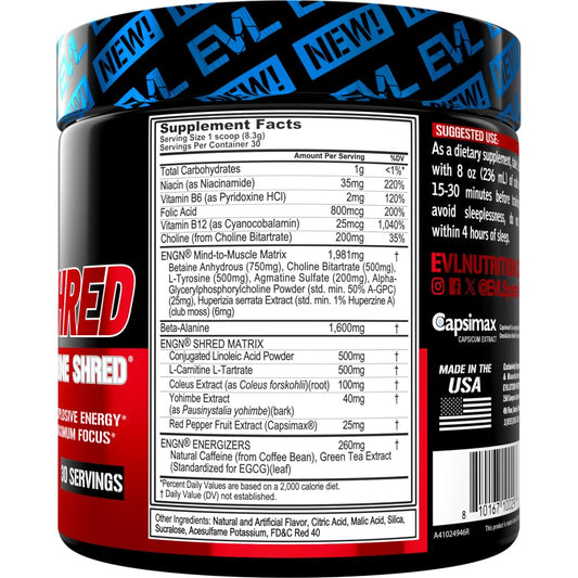 EVL Ultimate Pre Workout ingredients blend highlighting beta alanine and agmatine.