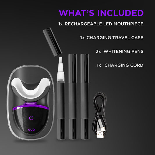 EVO whitening pens collection shows enamel-safe gel for precise application.