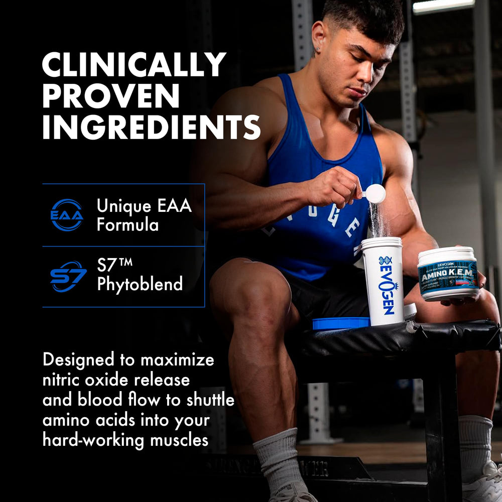 Glass of blue Evogen Amino K.E.M. drink made from blueberry-apple flavor during workout.