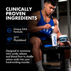 Glass of blue Evogen Amino K.E.M. drink made from blueberry-apple flavor during workout.