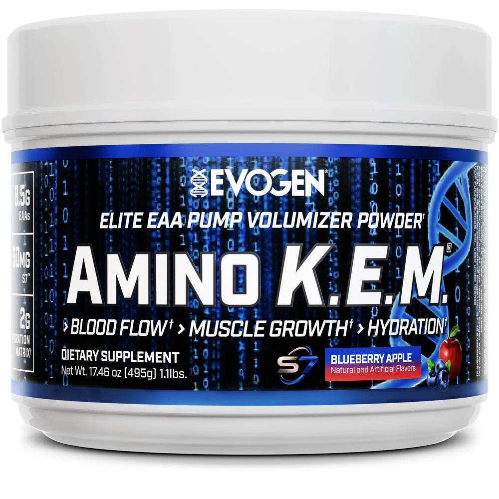 Evogen Amino K.E.M. blueberry-apple powder tub front view for muscle support and hydration.