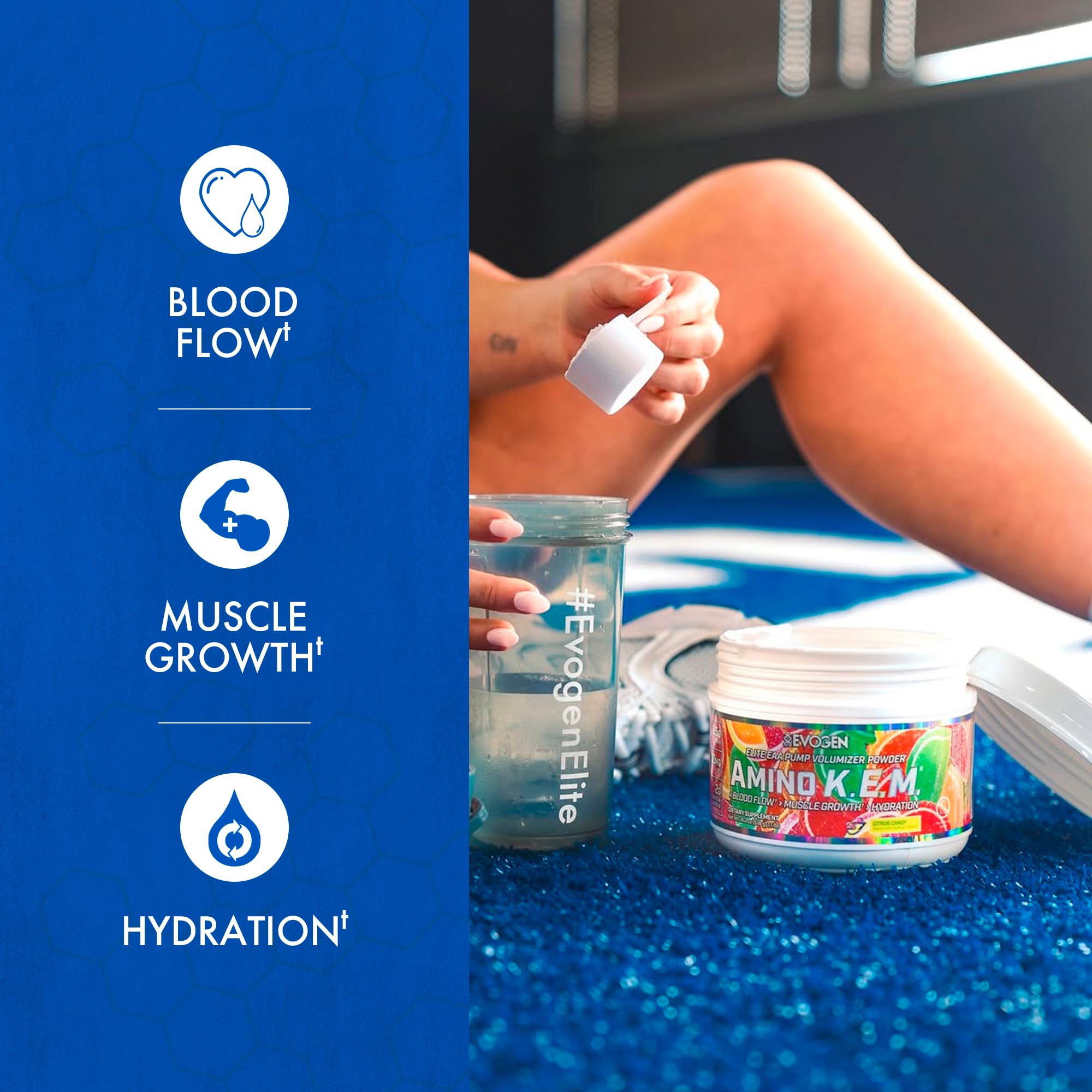 Evogen Amino K.E.M. bottle pour showing quick mixability for hydration during workouts.