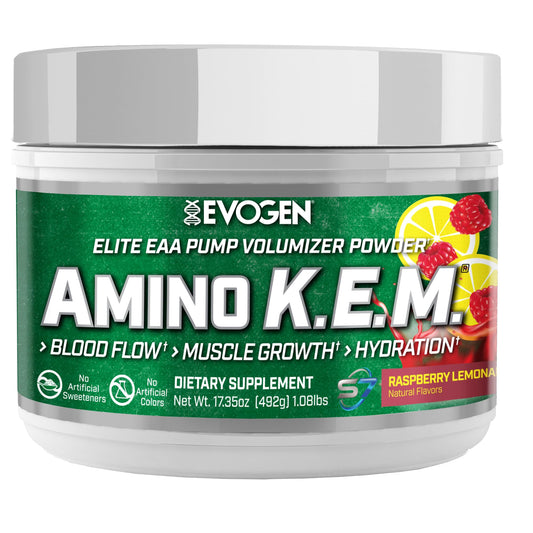 Evogen Amino K.E.M. bottle with pour supports blood flow and hydration during training