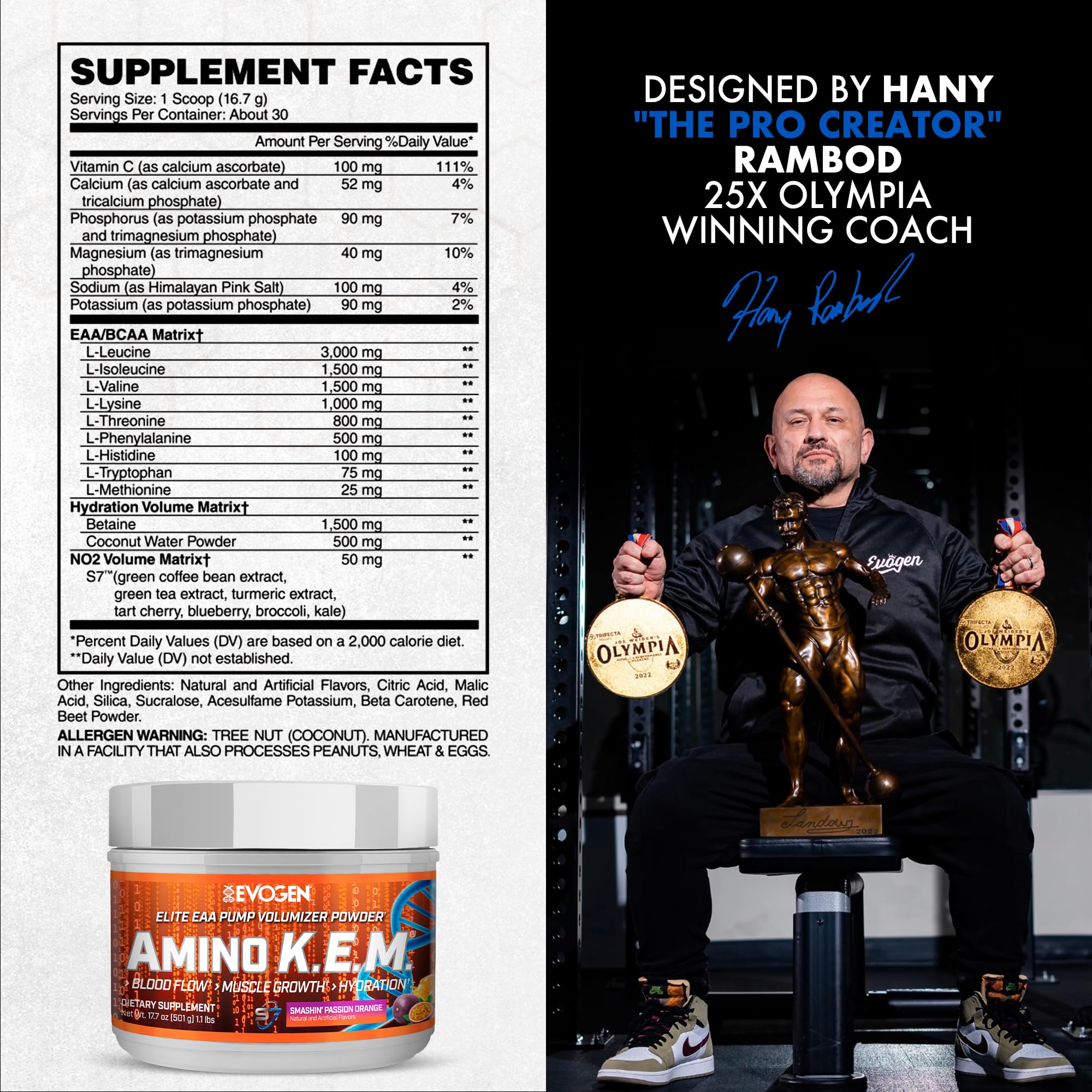 Close-up of Evogen Amino KEM canister label highlights ingredients