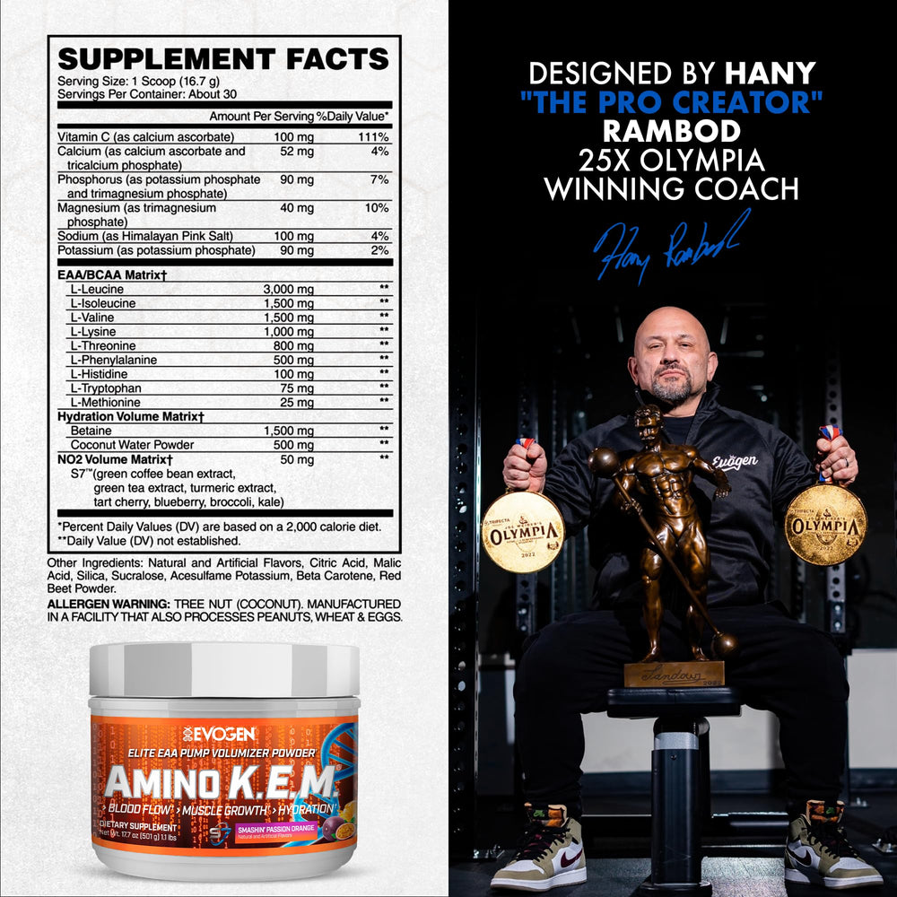 Close-up of Evogen Amino KEM canister label highlights ingredients