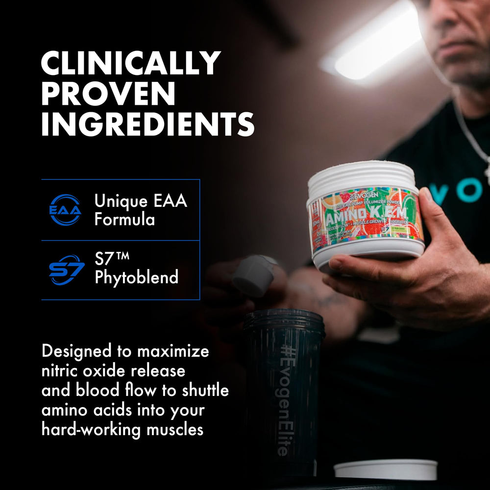 Evogen Amino K.E.M. Citrus Candy powder for refreshing flavor and easy mixing.