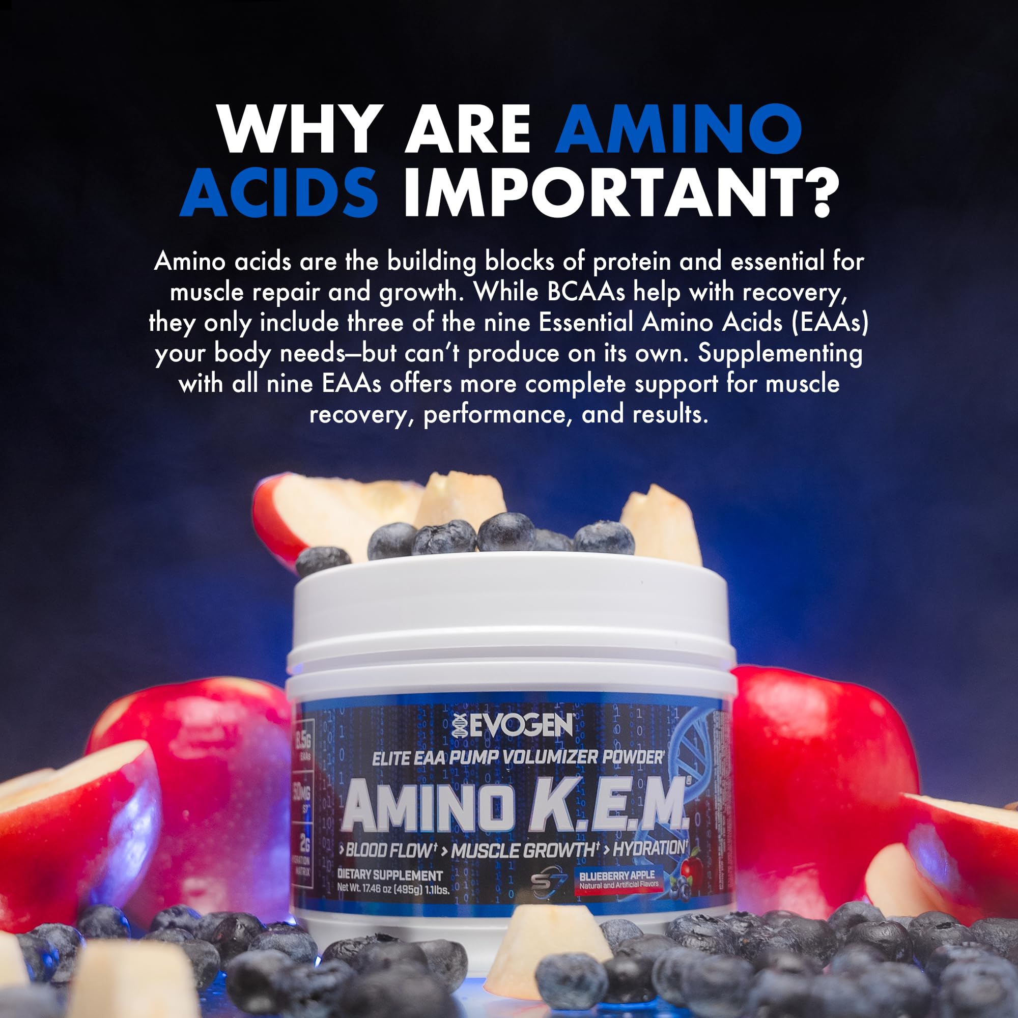 Gym scene with Evogen Amino K.E.M. on the shelf for active training support.