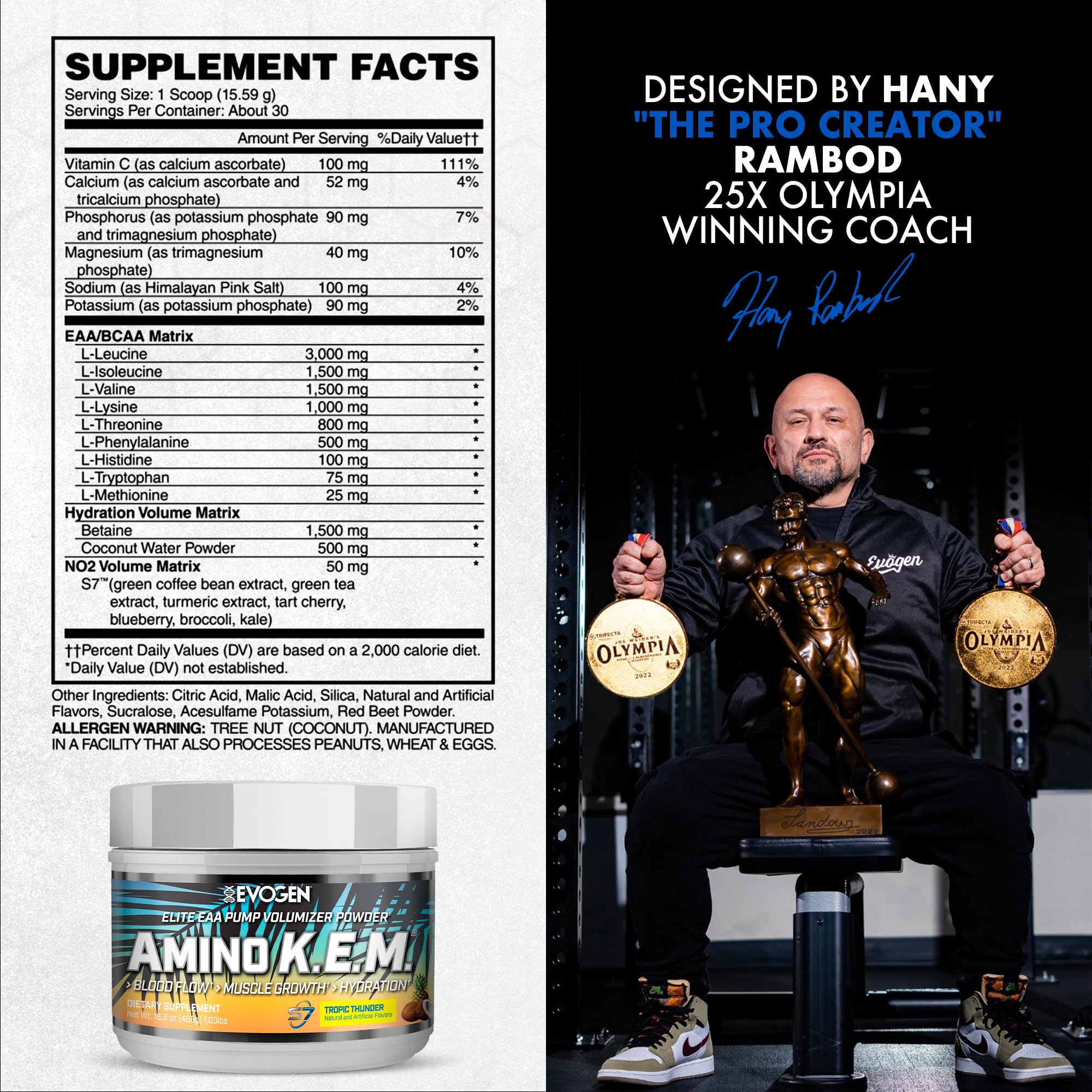 Evogen Amino K.E.M. label panel emphasizes S7 nitric oxide and BCAA blend.