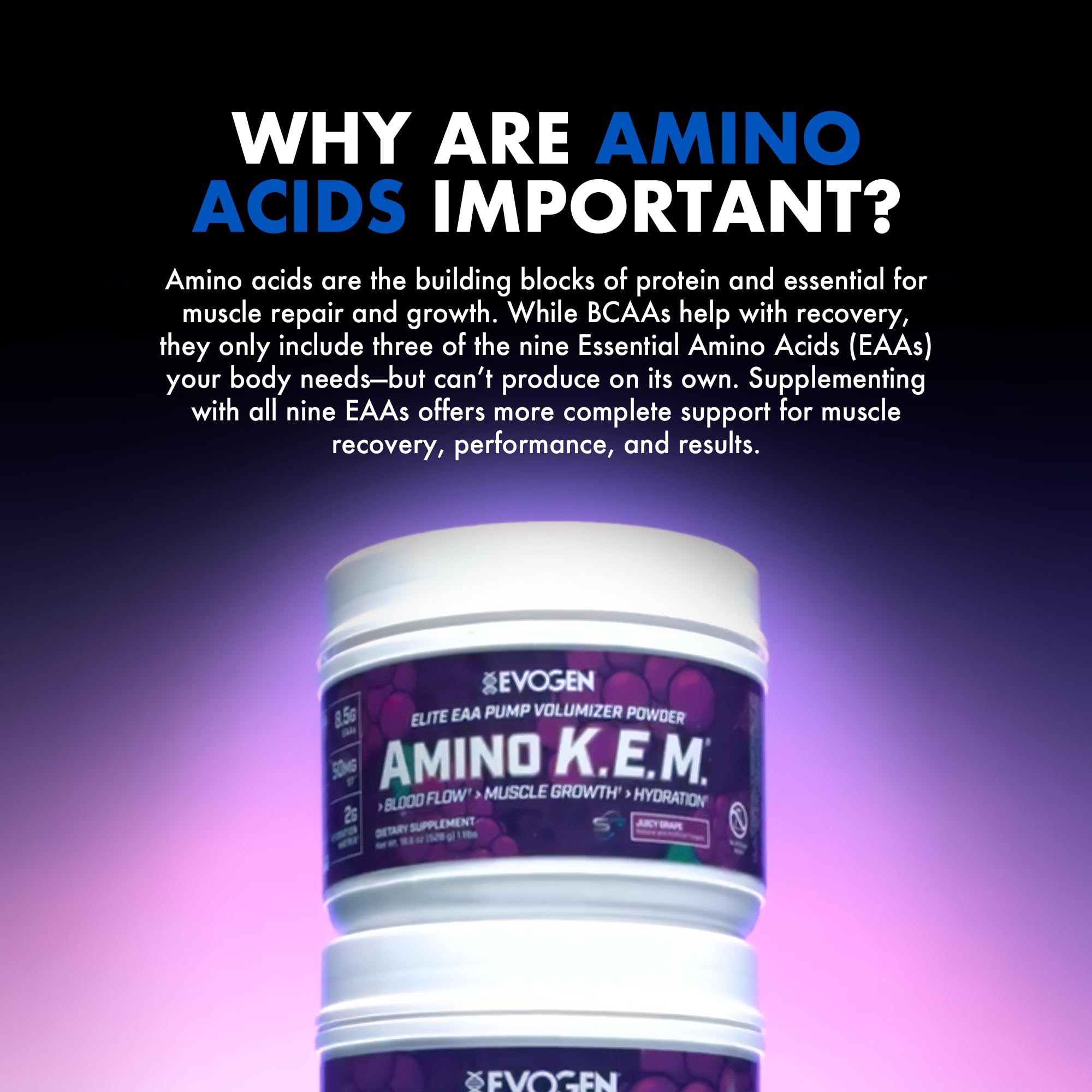 Evogen Amino K.E.M. nutrition label conveying purity and potency