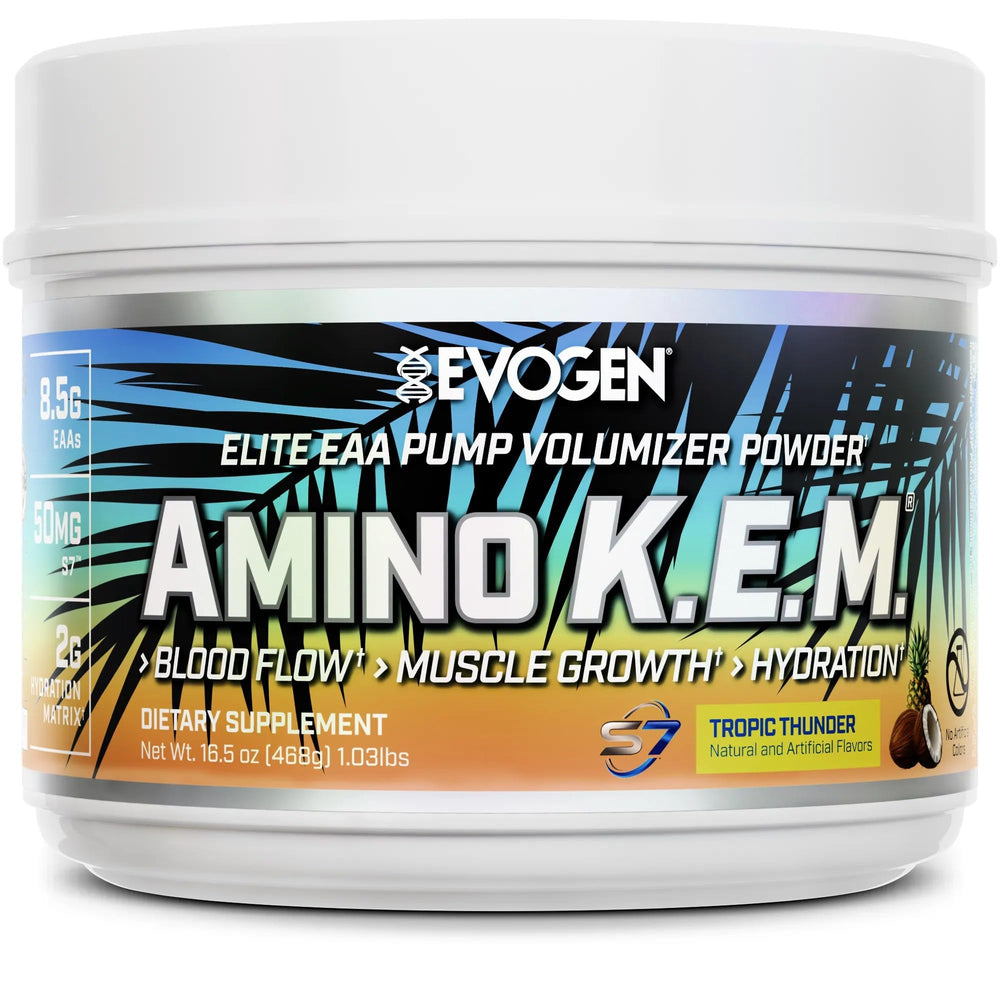 Evogen Amino K.E.M. powder tub highlighting full-spectrum EAAs for workout support.