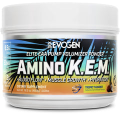 Evogen Amino K.E.M. powder tub highlighting full-spectrum EAAs for workout support.