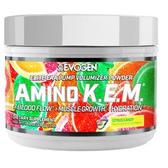 Evogen Amino K.E.M. pump bottle with citrus candy powder supports enhanced endurance and recovery.
