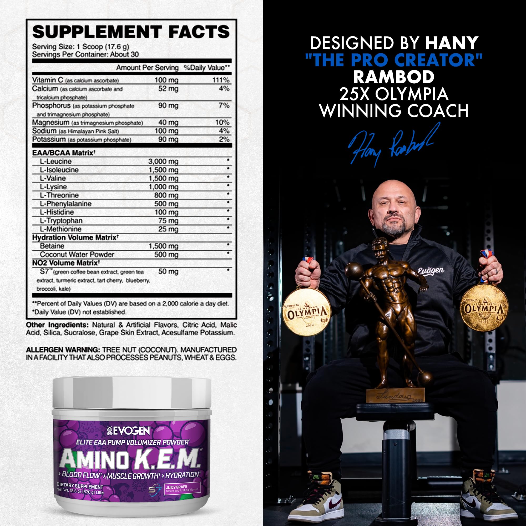 Evogen Amino K.E.M. scoop showing precise serving for muscle recovery