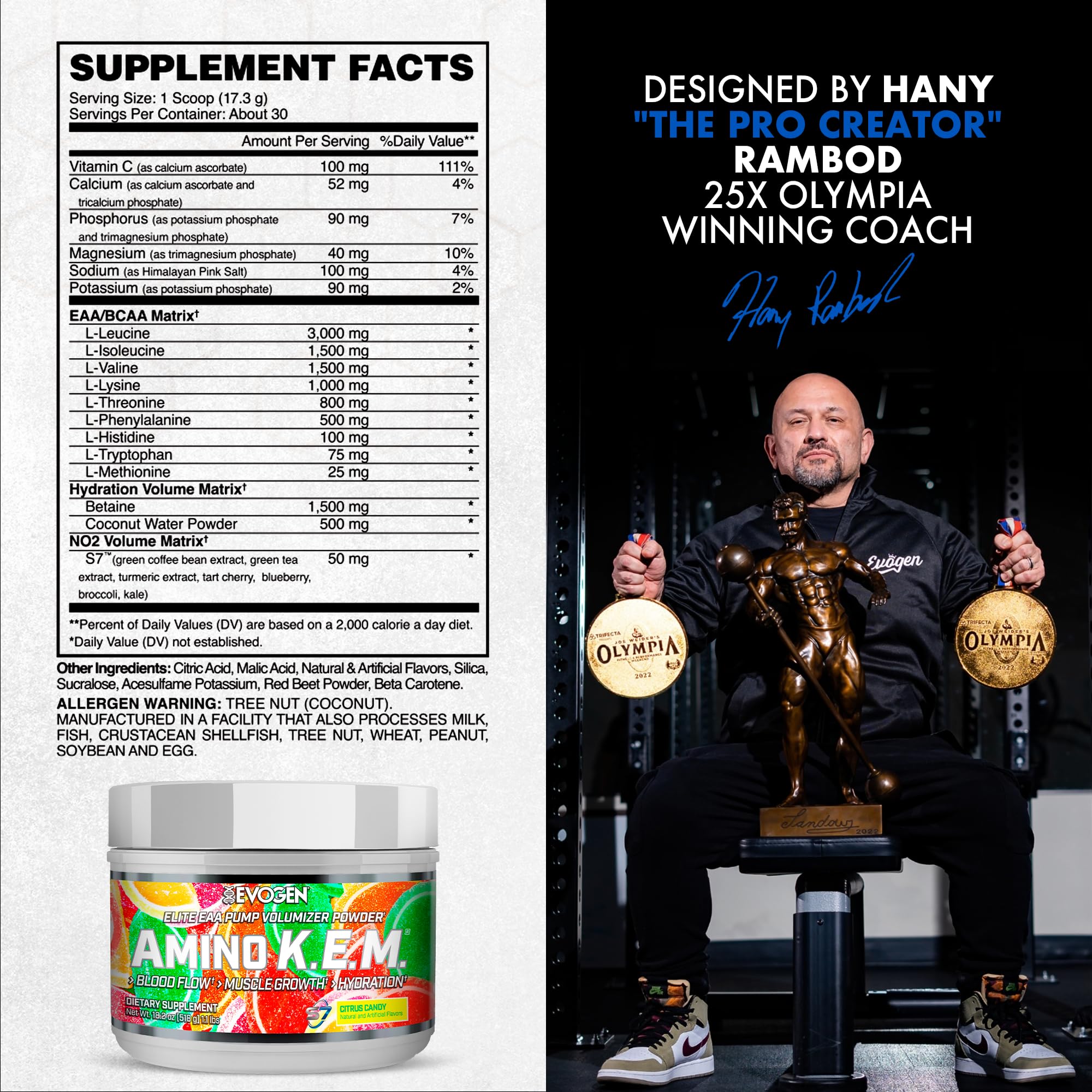 Evogen Amino K.E.M. scoop highlighting precise serving for consistent amino intake.