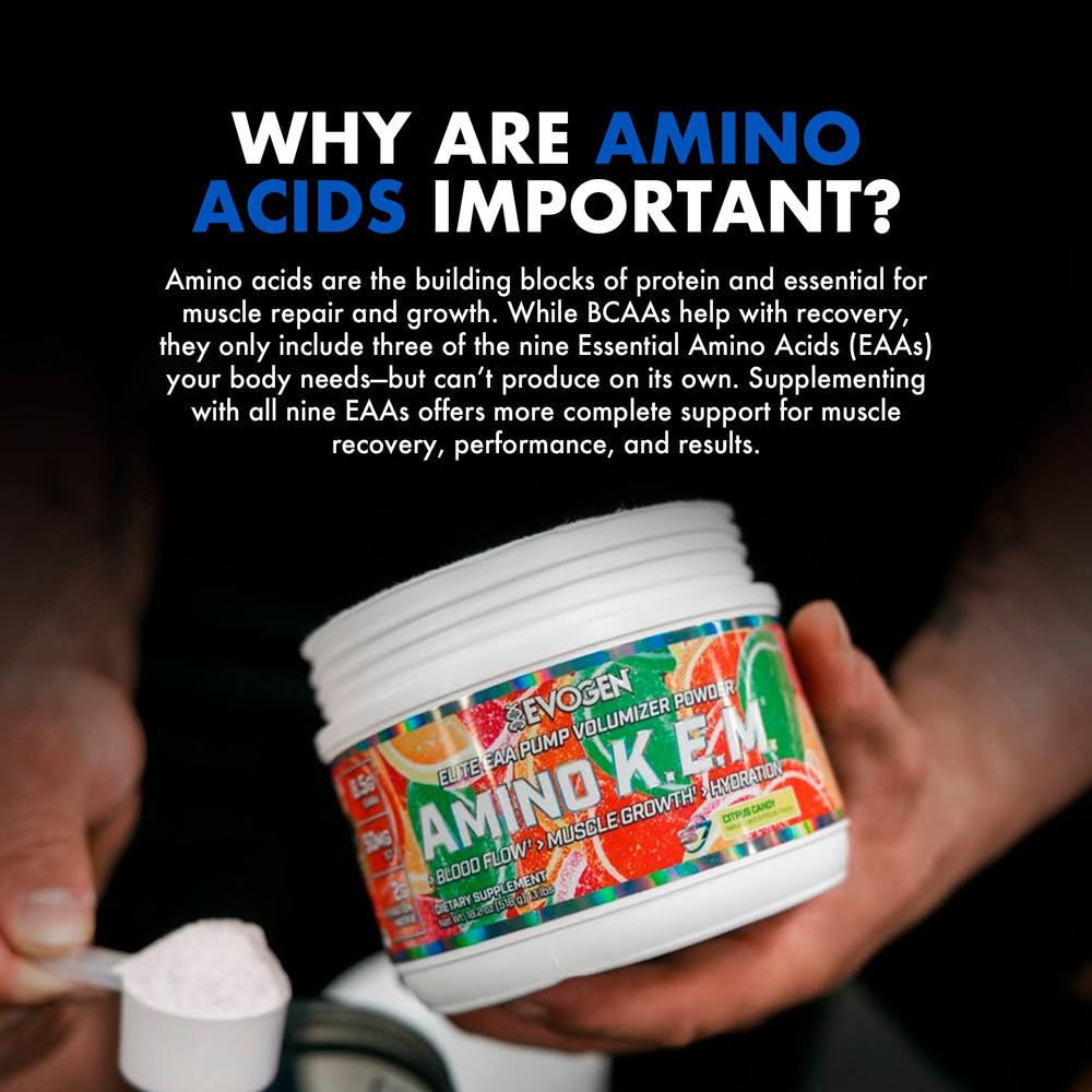 Evogen Amino K.E.M. serving spoon illustrating convenient dosing for active days.