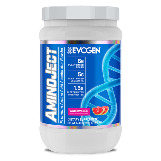 Evogen AminoJect watermelon tub on a gym counter supports hydration and recovery.