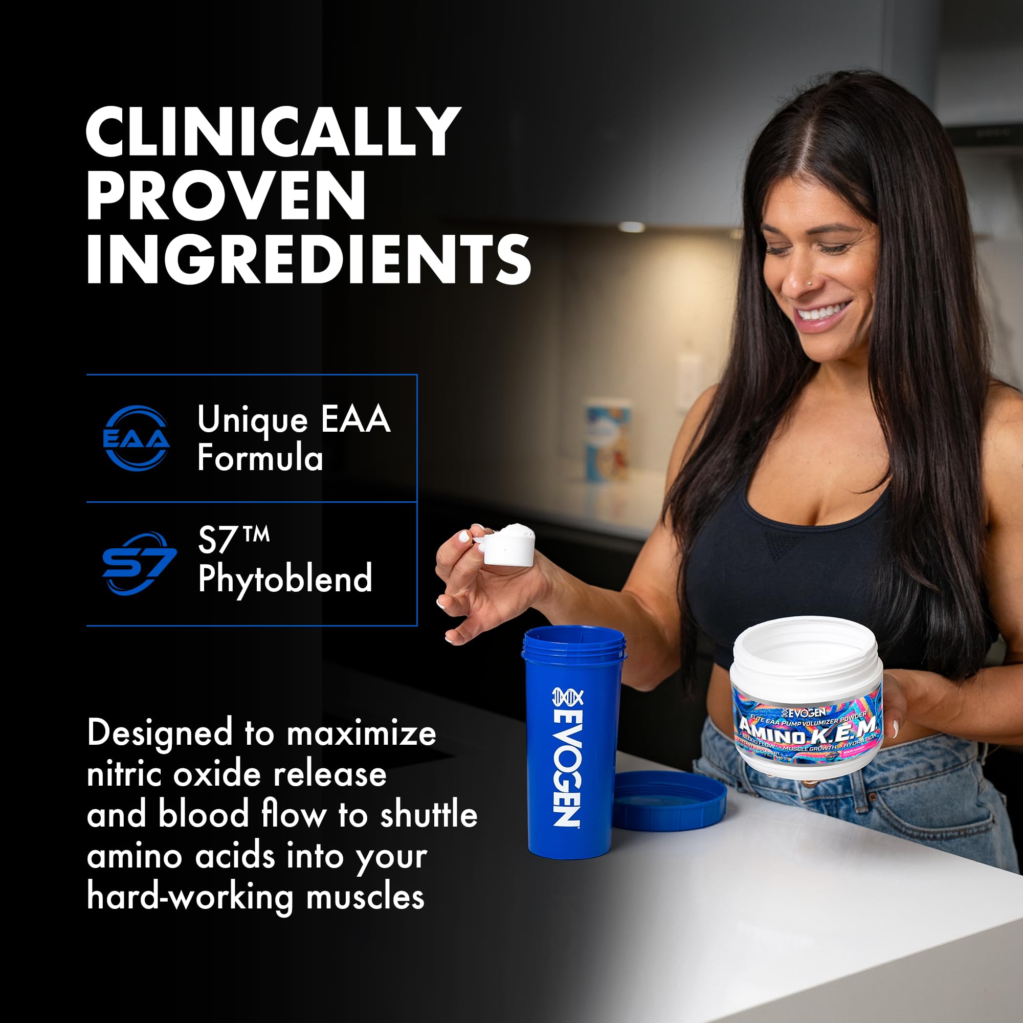 Evogen Amino K.E.M. pro creator design highlights science-backed optimization for athletes.