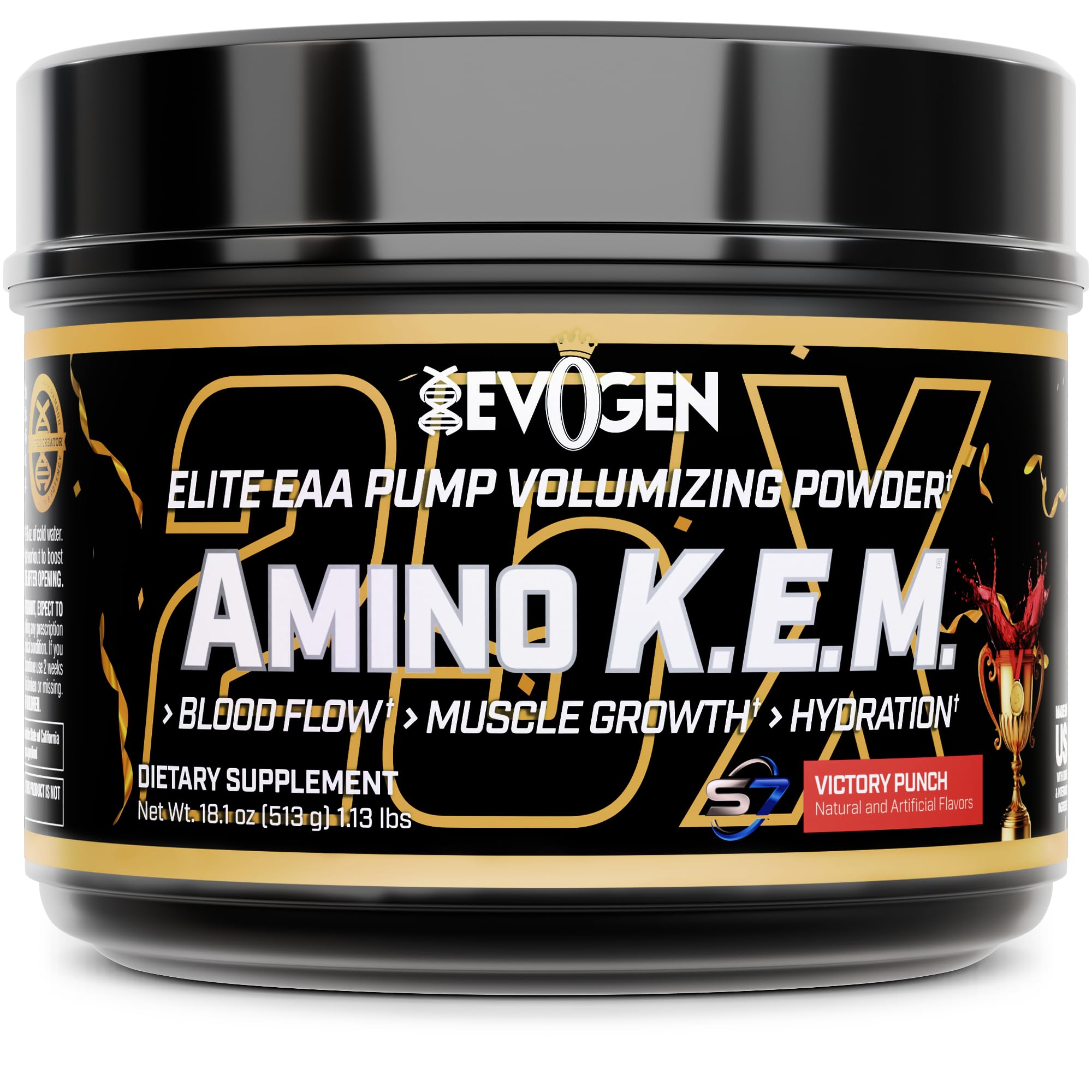 Evogen Amino K.E.M. bottle-front highlights hydration and training support.