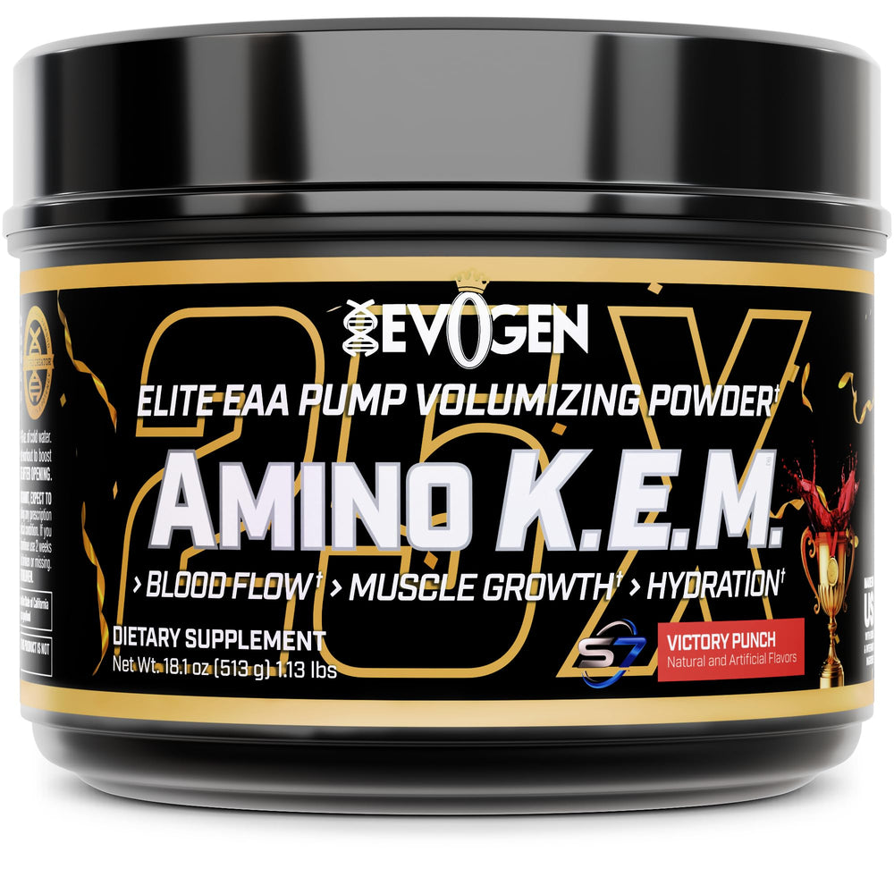 Evogen Amino K.E.M. bottle-front highlights hydration and training support.