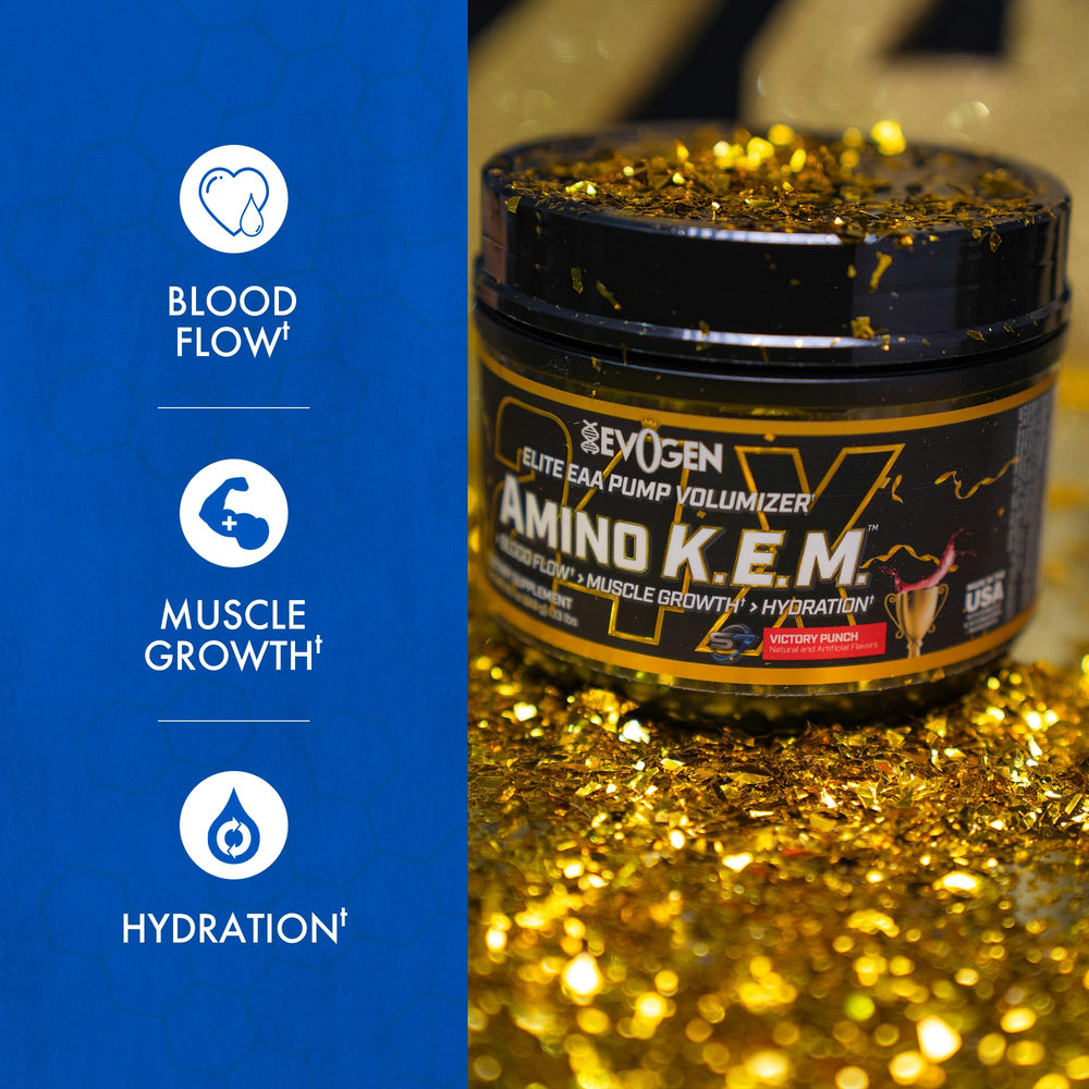 Evogen Amino K.E.M. bottle-label shows full EAAs and BCAAs for recovery.