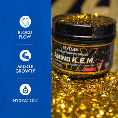 Evogen Amino K.E.M. bottle-label shows full EAAs and BCAAs for recovery.