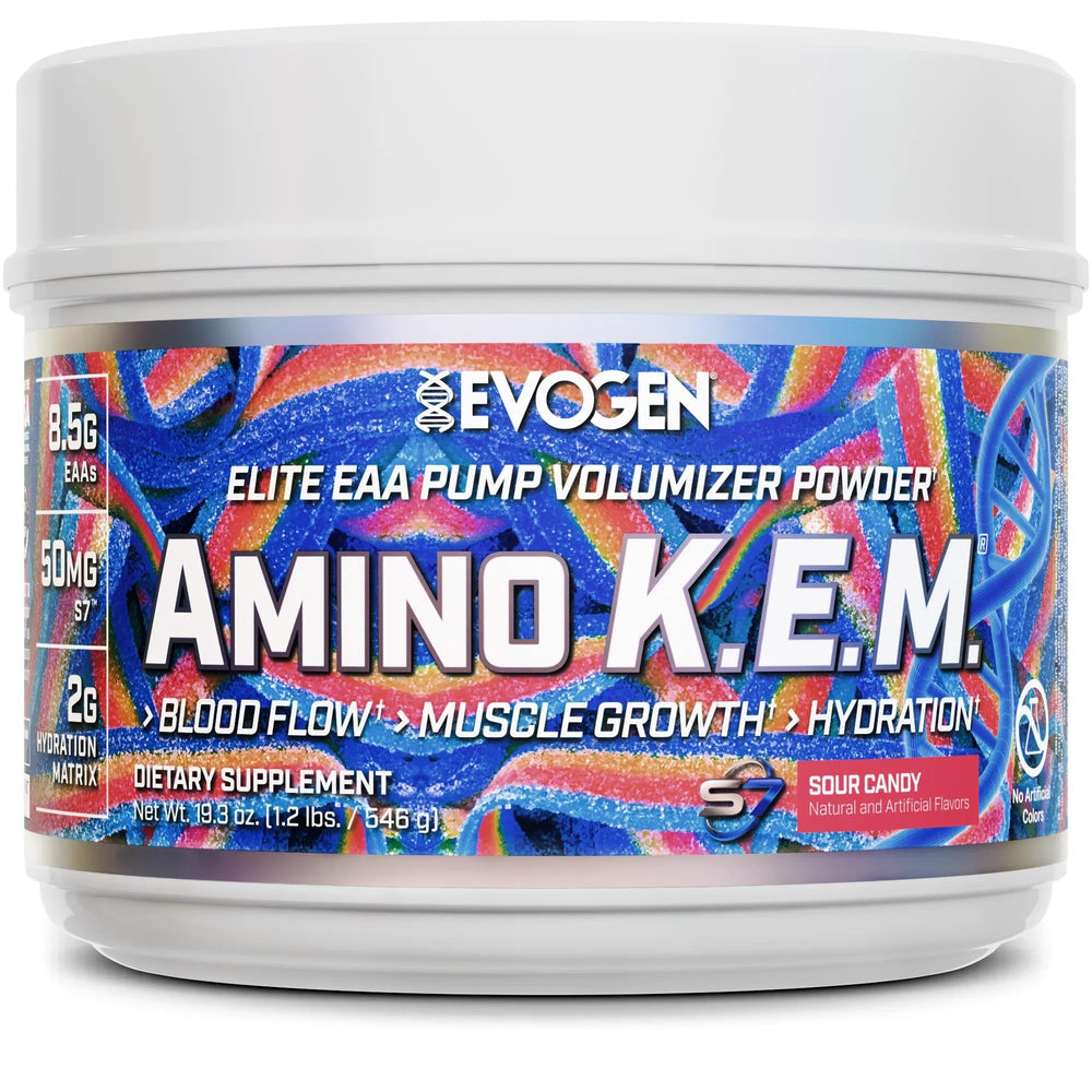 Evogen Amino K.E.M. full-spectrum EAAs and BCAAs powder for balanced performance.