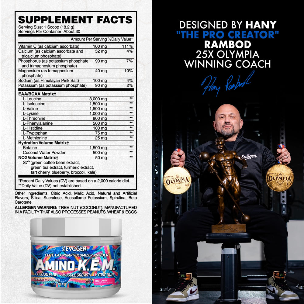 Evogen Amino K.E.M. leucine-rich recovery supports muscle protein synthesis after workouts.