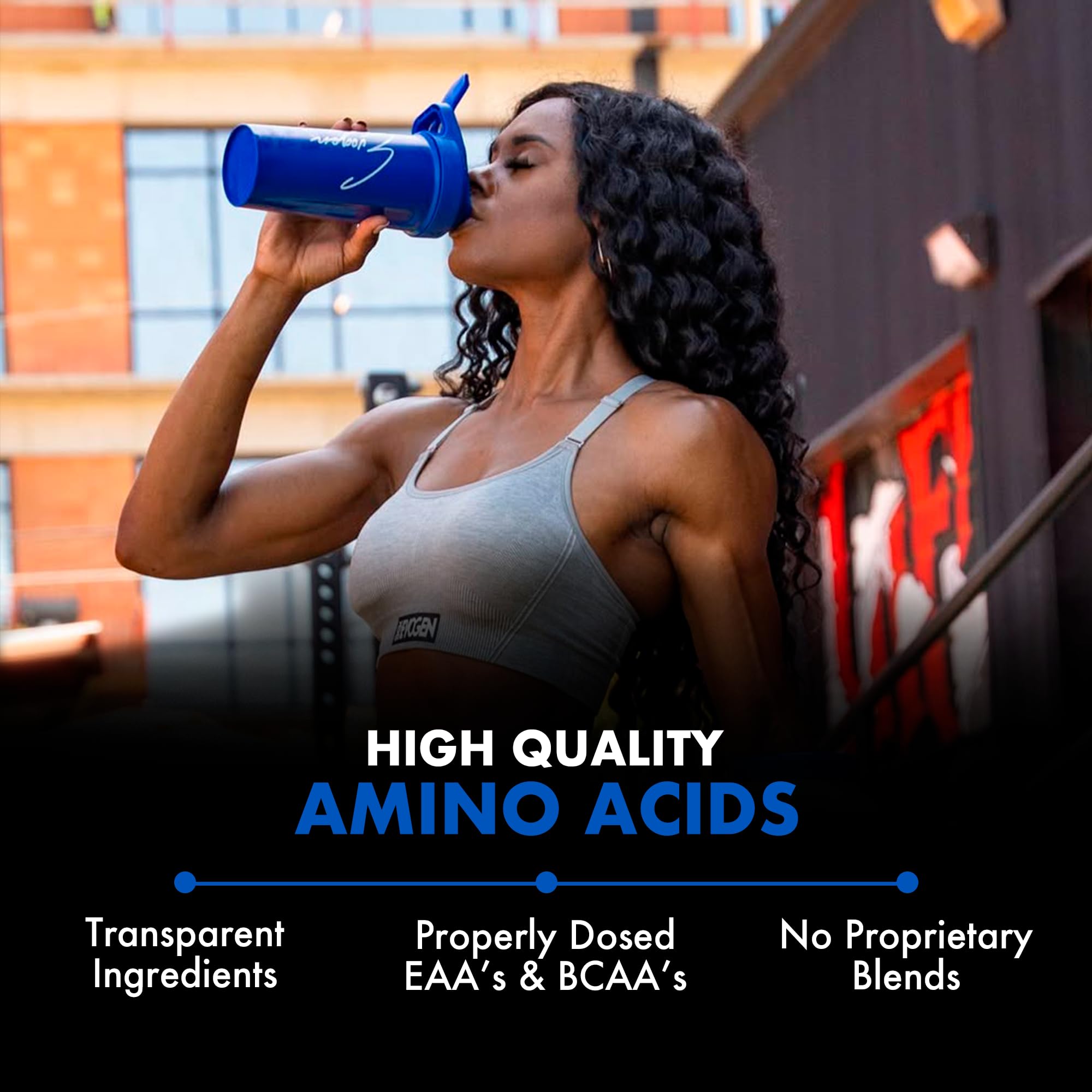 Evogen Amino K.E.M. powder-mix in glass promotes quick hydration during workouts.